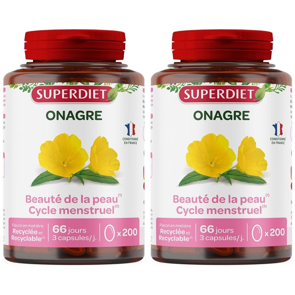 Zwei Flaschen mit rotem Deckel. Auf dem Etikett steht "SUPERDIET ONAGRE". Abbildung einer gelben Blume. Text: "Beauté de la peau, Cycle menstruel".