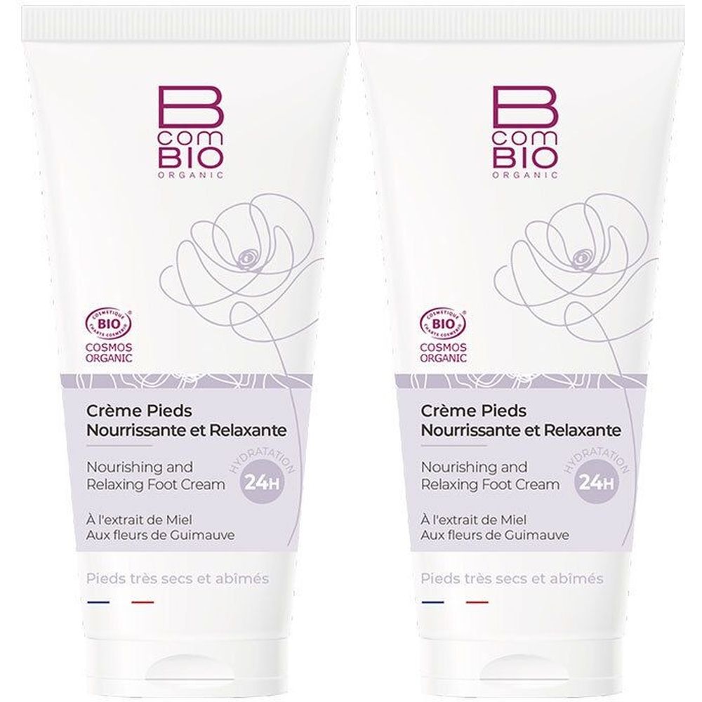 Deux tubes de crème pour les pieds. Blancs, accents violets. Texte: B.Com Bio, Crème Pieds, 24H Hydratation, Cosmos Organic.
