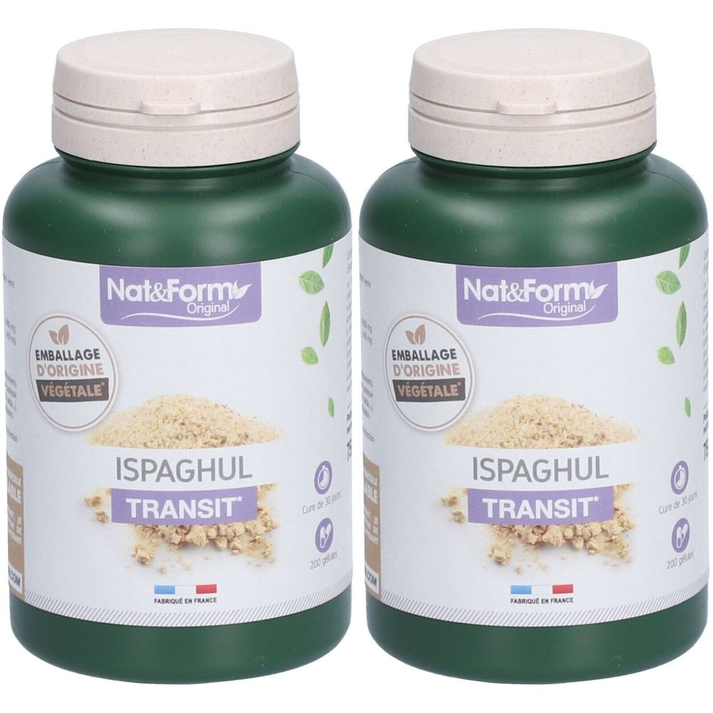 Deux flacons verts avec bouchons blancs. Étiquettes avec "Nat&Form Original" et "ISPAGHUL TRANSIT".