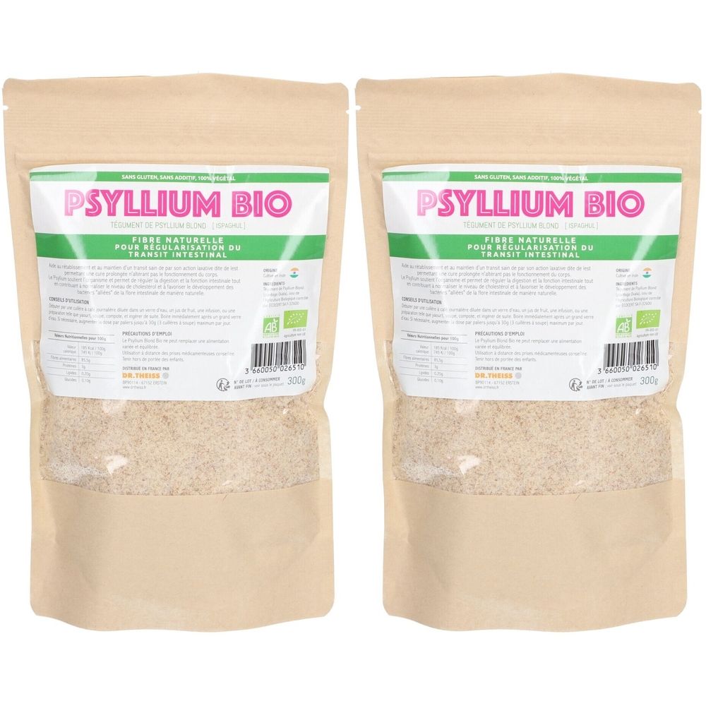 Deux sachets de Psyllium Bio. Inscription verte et rose. Produit visible dans la moitié inférieure des sachets.