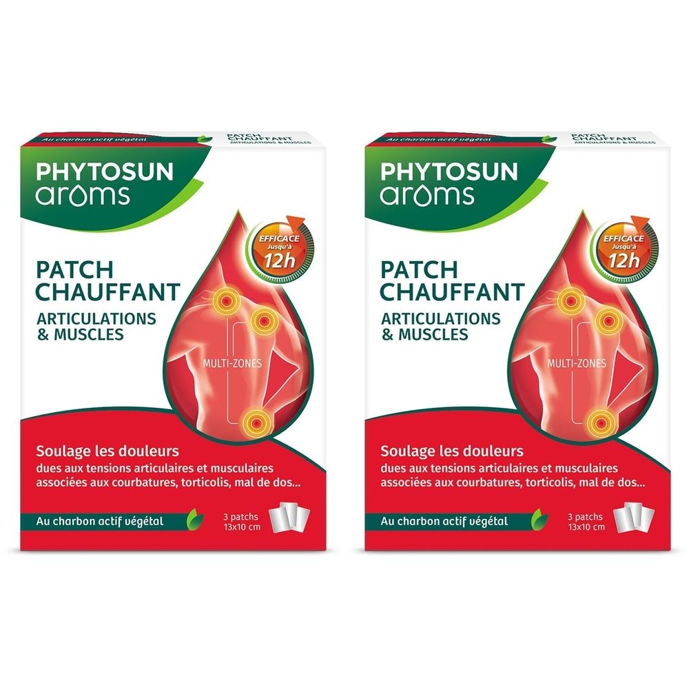 Zwei Packungen mit Produktaufdrucken. Aufschrift: PHYTOSUN arôms, Patch Chauffant, Articulations & Muscles. 3 Patches, 13x10 cm.