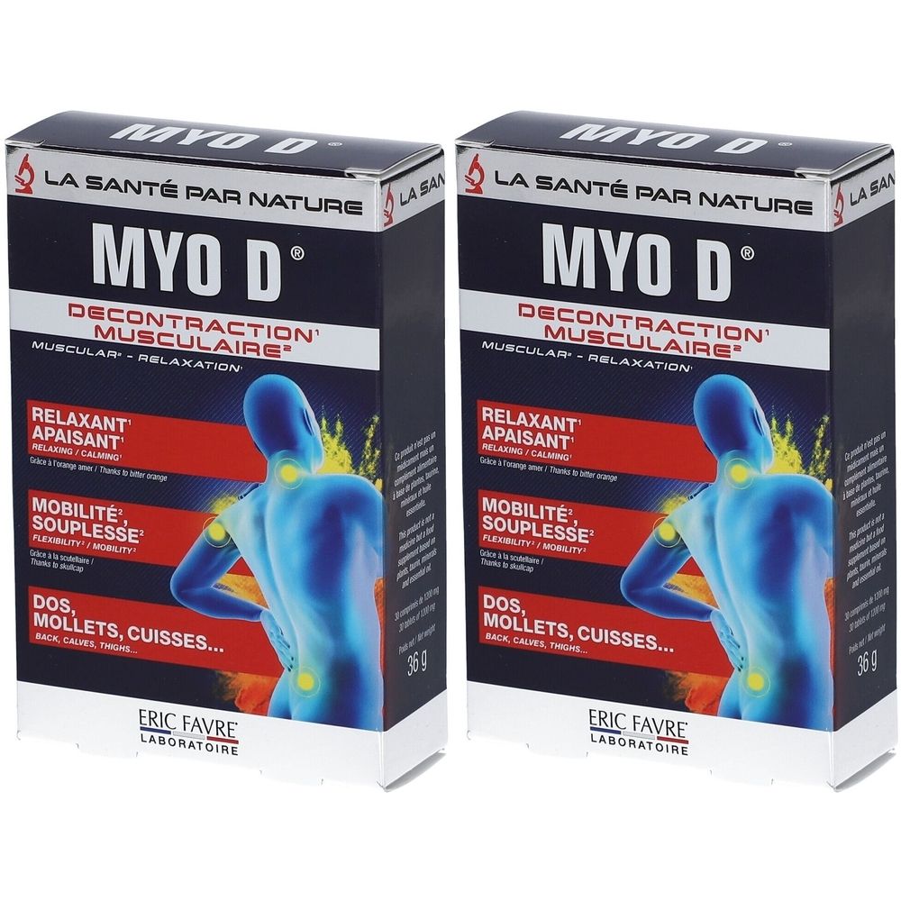 Deux boîtes "MYO D". Inscription "Décontraction musculaire". Illustration du dos humain. Marque : ERIC FAVRE.