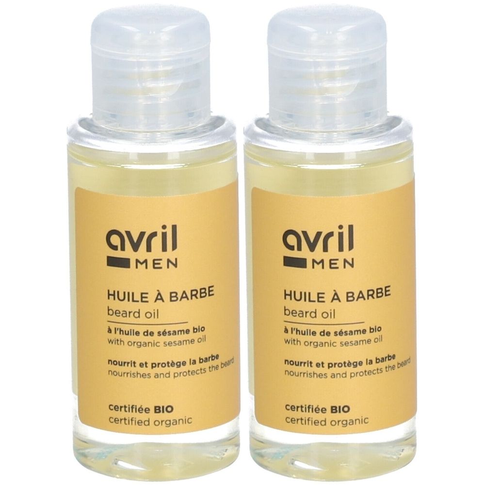Deux flacons d'huile à barbe. Inscription: Avril MEN, Huile à Barbe, certifié BIO. Liquide clair, étiquette jaune, bouchon transparent.