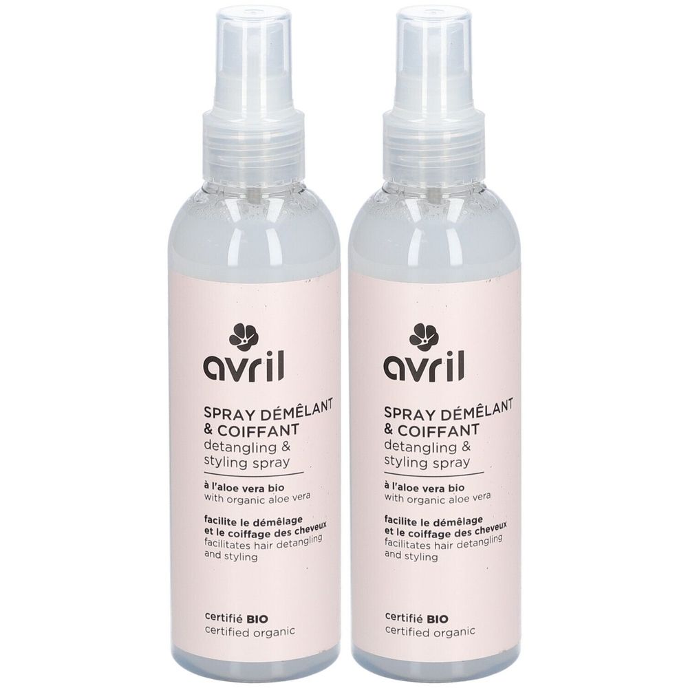 Zwei Sprühflaschen mit rosa Etiketten. Aufschrift: avril, Spray Démêlant & Coiffant, detangling & styling spray. Bio-Zertifizierung.