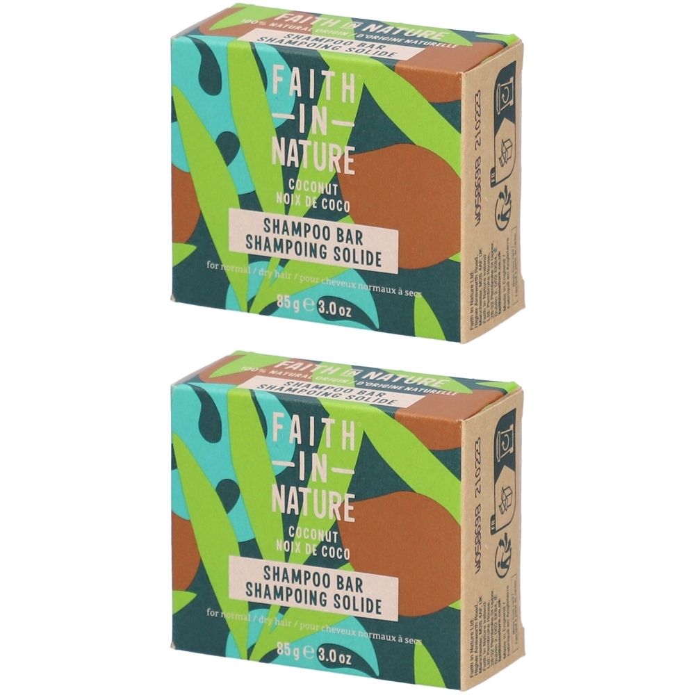 Zwei Schachteln mit Shampoo Bar. Aufschrift: FAITH IN NATURE, Kokosnuss, Shampooing Solide. Grün, braun und weiß.