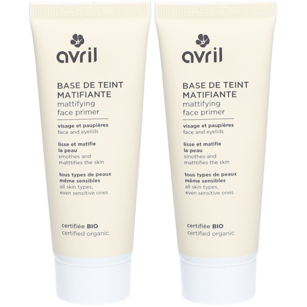 Deux tubes de Base de Teint Matifiante Avril. Inscription: mattifying face primer, certifié BIO. Pour visage et paupières.