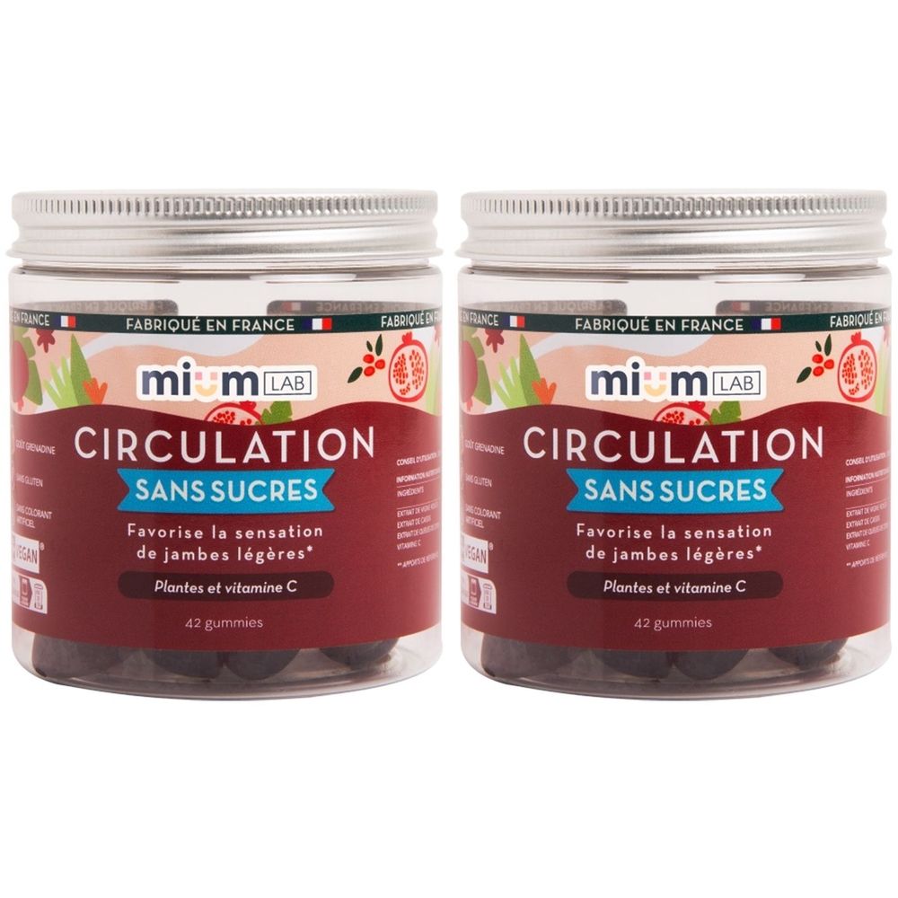 Zwei transparente Behälter mit Mium Lab Gummies Circulation. Aufschrift: Circulation, Sans Sucres, 42 Gummies. Hergestellt in Frankreich.
