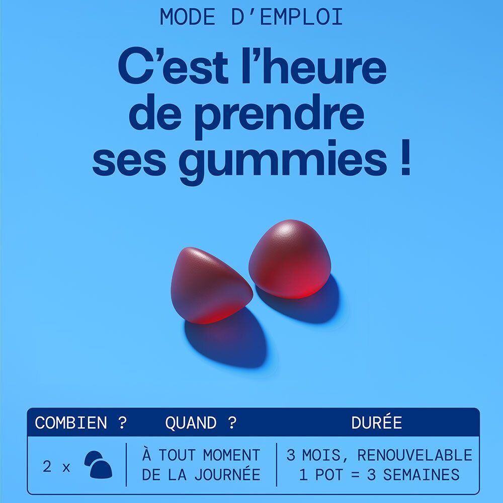 Zwei rote Gummibärchen auf blauem Hintergrund mit Anweisungen zur Einnahme.