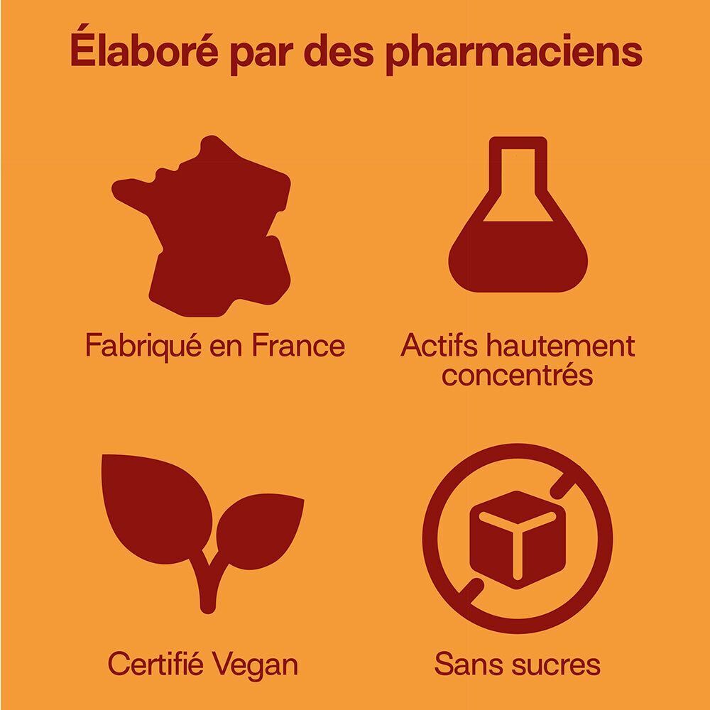 Symbole für Herstellung in Frankreich, konzentrierte Wirkstoffe, vegan und ohne Zucker.