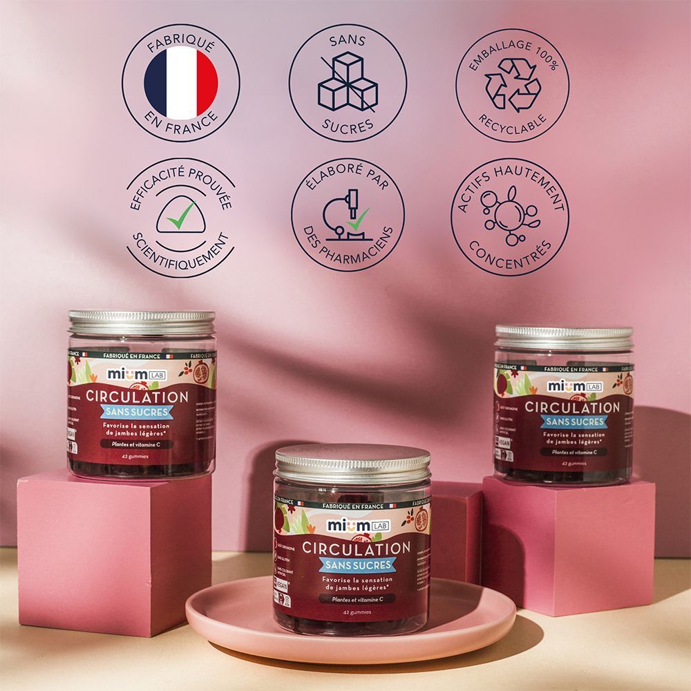 Trois pots de gummies sur socles. Inscription: Circulation sans sucres. Drapeau français, emballage recyclable.