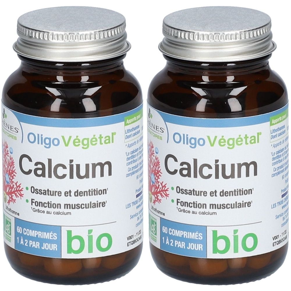 Zwei braune Glasflaschen mit silbernen Deckeln. Auf den Etiketten steht "Oligo Végétal Calcium bio".