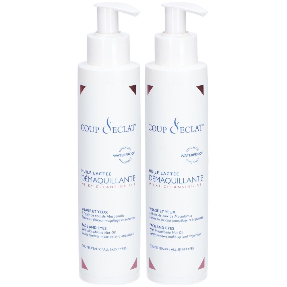 Zwei weiße Flaschen mit Pumpaufsatz. Aufschrift: COUP D'ECLAT, Huile lactée démaquillante. Für Gesicht und Augen, wasserfest.