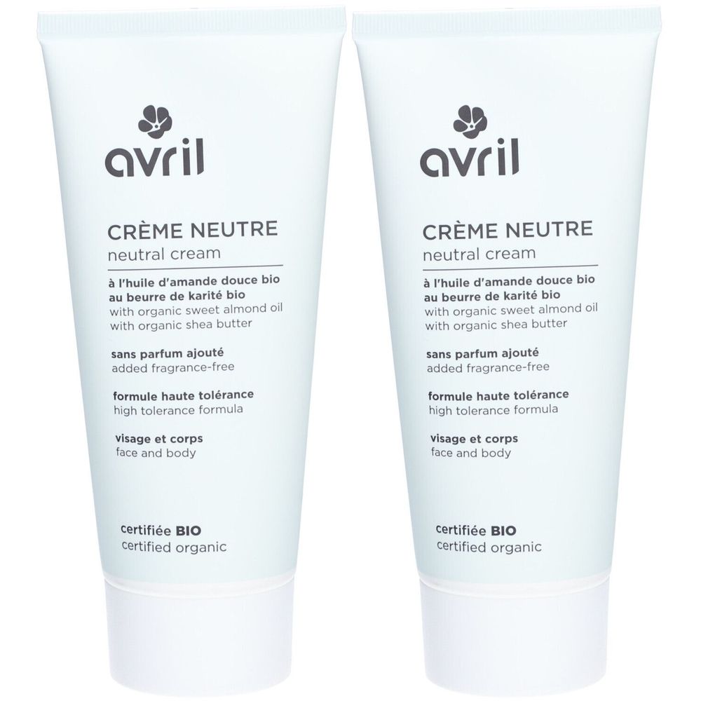 Zwei Tuben Creme. Aufschrift: avril, Crème Neutre, zertifiziert Bio. Für Gesicht und Körper.