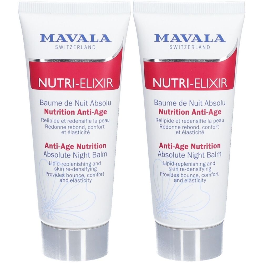 Zwei Tuben Mavala NUTRI-ELIXIR. Weiß, mit rotem Streifen und Schriftzug. Text: Baume de Nuit Absolu Nutrition Anti-Age, Anti-Age Nutrition Absolute Night Balm.