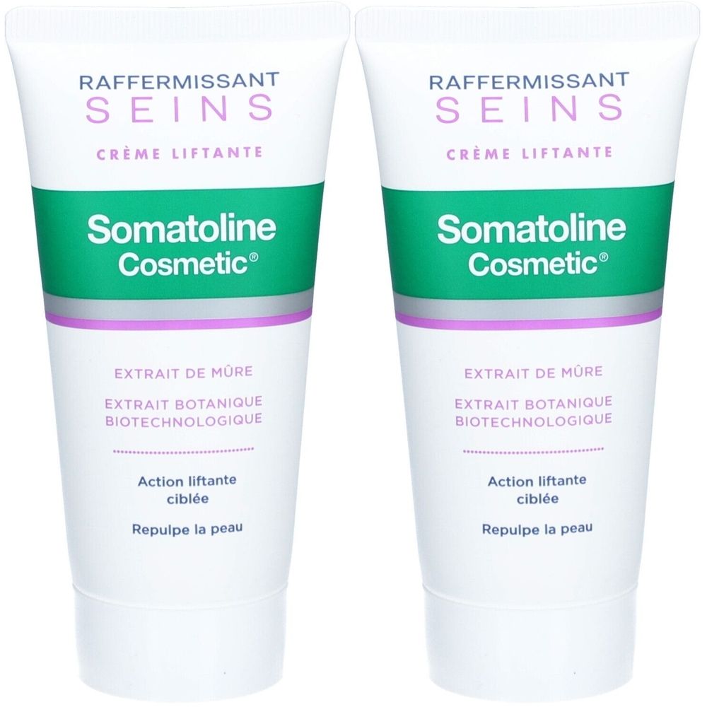 Zwei Tuben Somatoline Cosmetic Crème Raffermissante - Seins. Weiße Tuben mit grünen und lila Akzenten. Text: Raffermissant Seins.