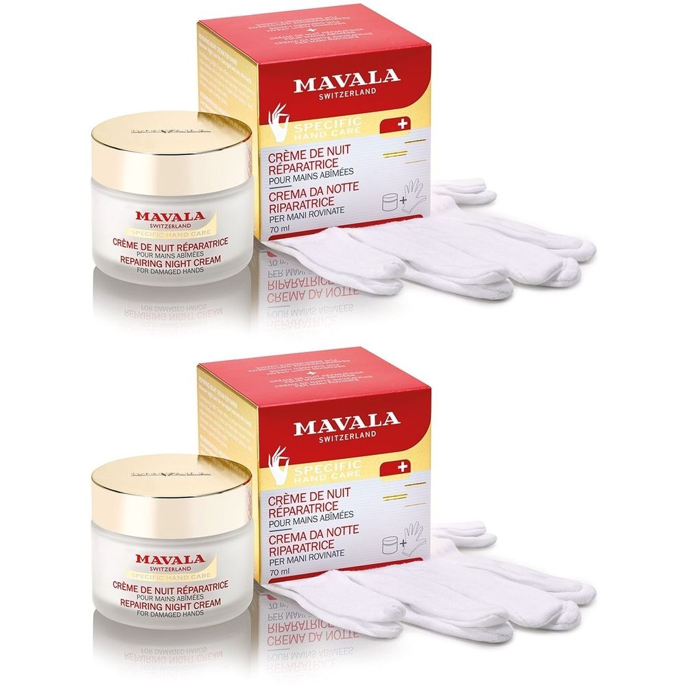 Zwei Tiegel und Schachteln mit Creme. Aufschrift: MAVALA Crème de Nuit Réparatrice. Dazu weiße Baumwollhandschuhe.