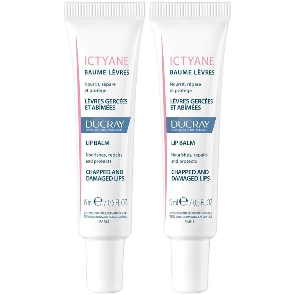 Deux tubes de baume à lèvres. Inscription : ICTYANE, BAUME LÈVRES, pour lèvres gercées et abîmées. Marque : DUCRAY. Contenu : 15 ml.