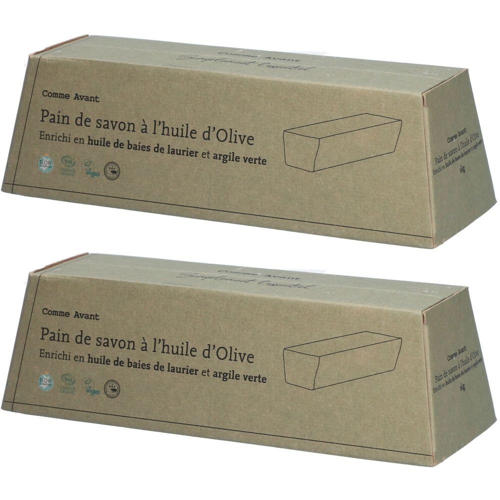 Deux boîtes rectangulaires. Inscription : Comme Avant, Pain de savon à l'huile d'Olive, enrichi en huile de baies de laurier et argile verte.