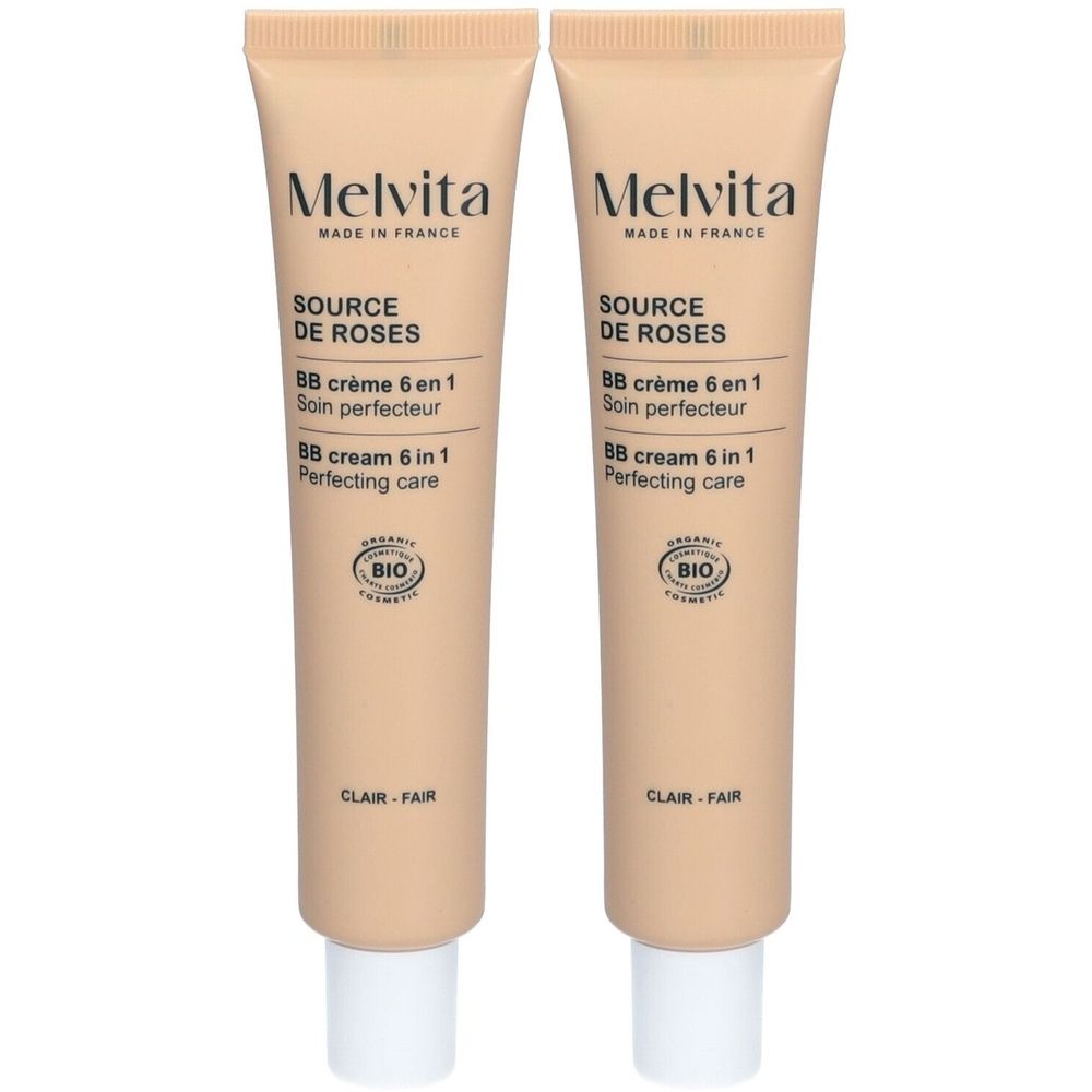 Zwei Tuben BB Crème. Aufschrift: Melvita, Source de Roses, BB crème 6 en 1, Clair. Bio-Zertifizierung.