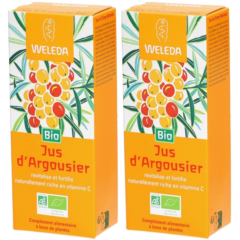 Zwei orangefarbene Kartons mit Aufdruck. Aufschrift: Weleda, Bio Jus d'Argousier. Abbildung von Beeren und Blättern.