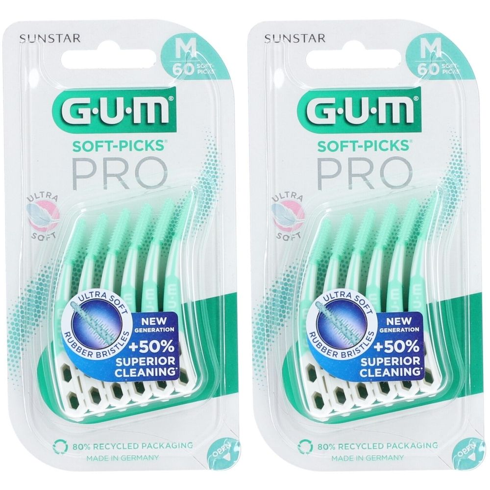 Zwei Packungen GUM Soft-Picks Pro. Jede Packung enthält eine Reihe von hellgrünen, zahnzwischenraum Bürsten. Verpackung mit Recycling-Logo.