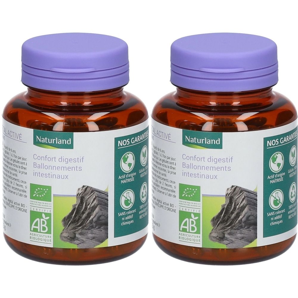 Deux flacons bruns avec couvercles violets. Étiquettes Naturland, Confort digestif et logo AB. Produit biologique.