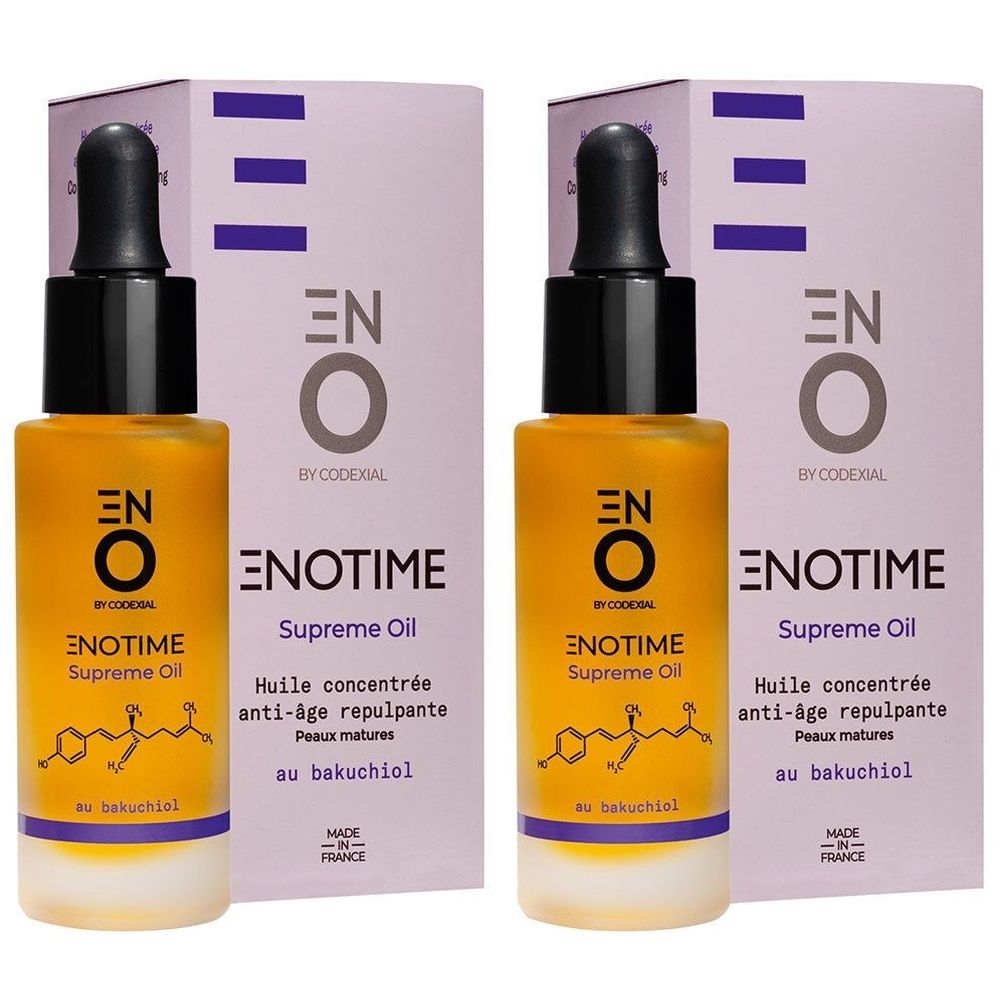 Zwei Flaschen Enotime Supreme Oil mit Verpackung. Gelbe Flüssigkeit in Glasflaschen mit schwarzem Deckel und Pipette. Verpackung mit lila Akzenten.