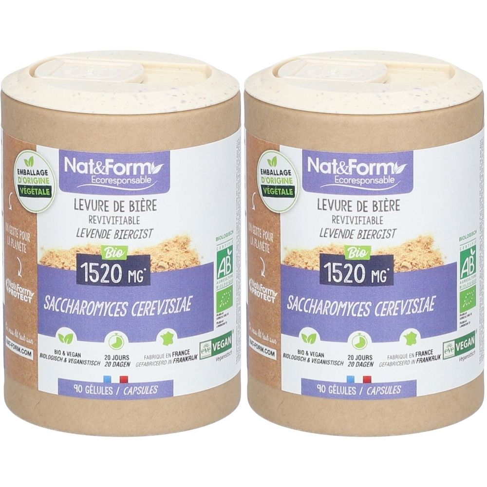 Deux boîtes cylindriques. Inscription : Nat&Form, LEVURE DE BIÈRE REVIVIFIABLE BIO, 1520 MG, Saccharomyces cerevisiae. Avec label Bio et logo Vegan.