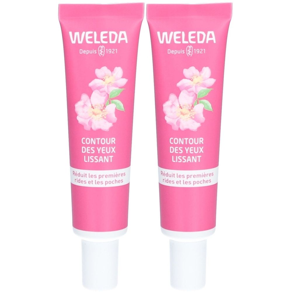 Zwei rosa Tuben. Auf jeder steht "WELEDA" und "CONTOUR DES YEUX LISSANT". Abbildung von Blüten. Text: Reduziert erste Falten und Tränensäcke.
