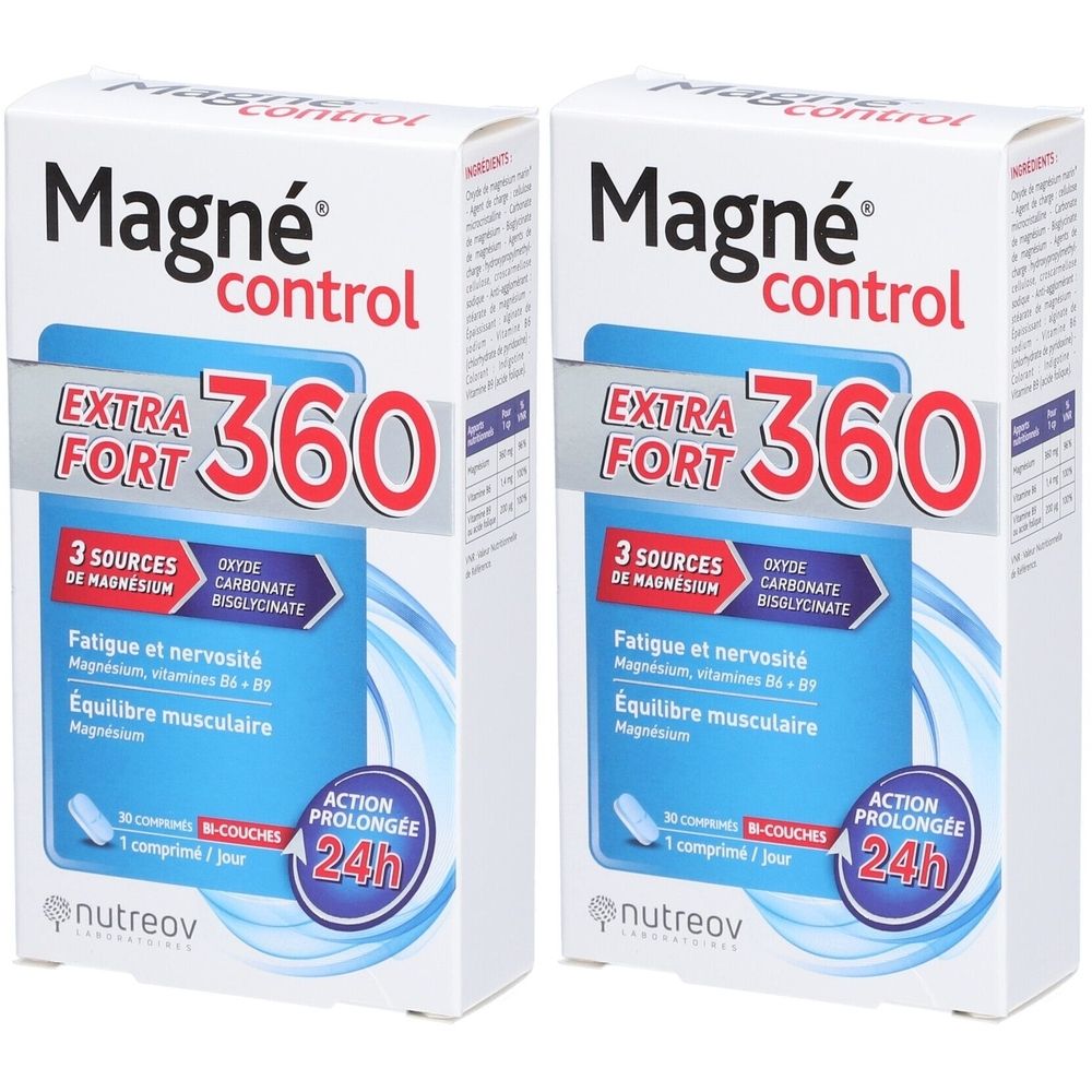 Zwei Schachteln mit der Aufschrift "Magné Control Extra Fort 360". Blaue und weiße Verpackung mit Produktinformationen und Logo.