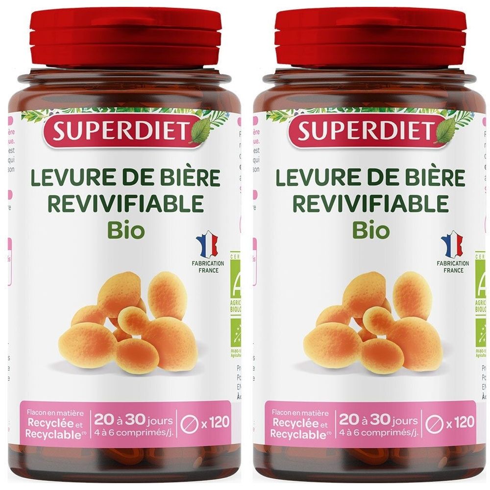 Zwei Flaschen mit rotem Deckel. Aufschrift: SUPERDIET, Levure de bière revivifiable Bio. Mit 120 Tabletten. Französische Herstellung.