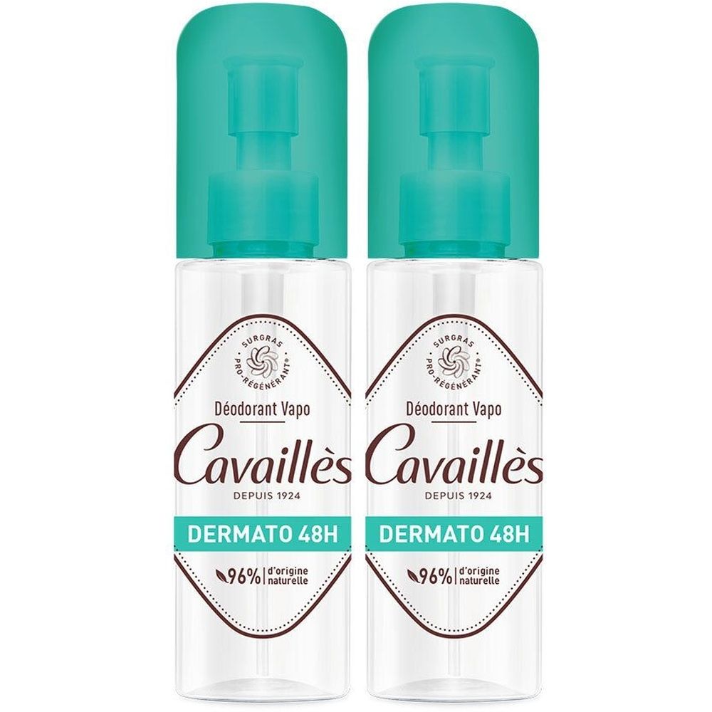 Zwei Deodorant-Sprays mit grünen Kappen. Aufschrift: Cavaillès, Dermato 48H, 96% natürliche Inhaltsstoffe.