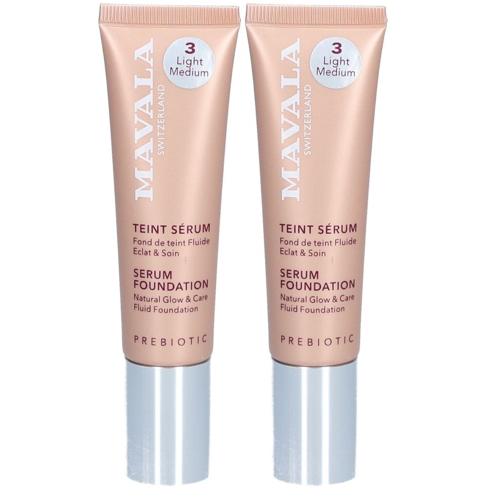 Zwei Tuben mit Aufschrift MAVALA, Teint Sérum, Farbton Light Medium. Silberfarbene Kappe. Text in Französisch und Englisch.