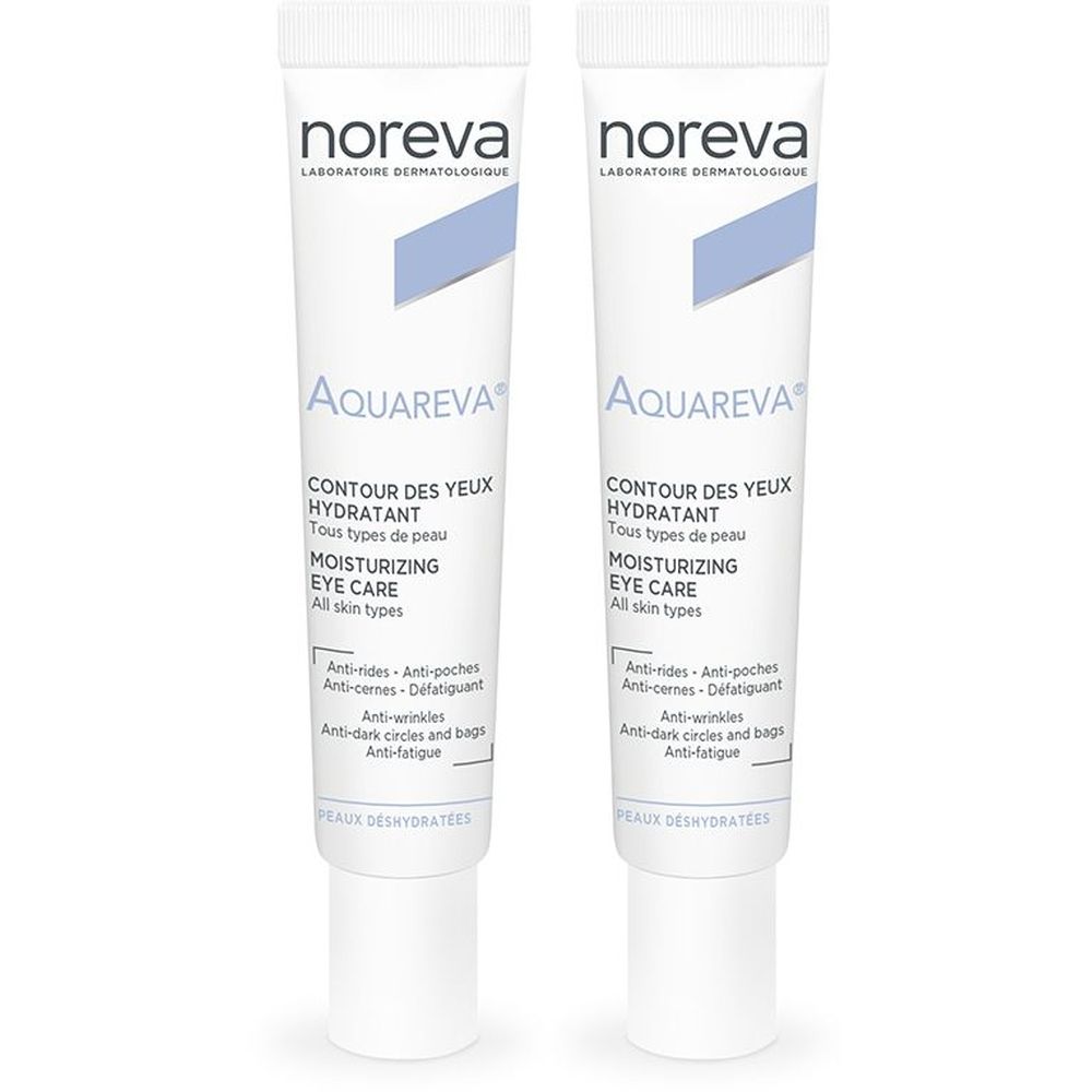 Deux tubes de Aquareva® Contour des Yeux Hydratant. Tubes blancs avec un accent bleu. Inscriptions : noreva, Aquareva, Contour des Yeux Hydratant, Moisturizing Eye Care.