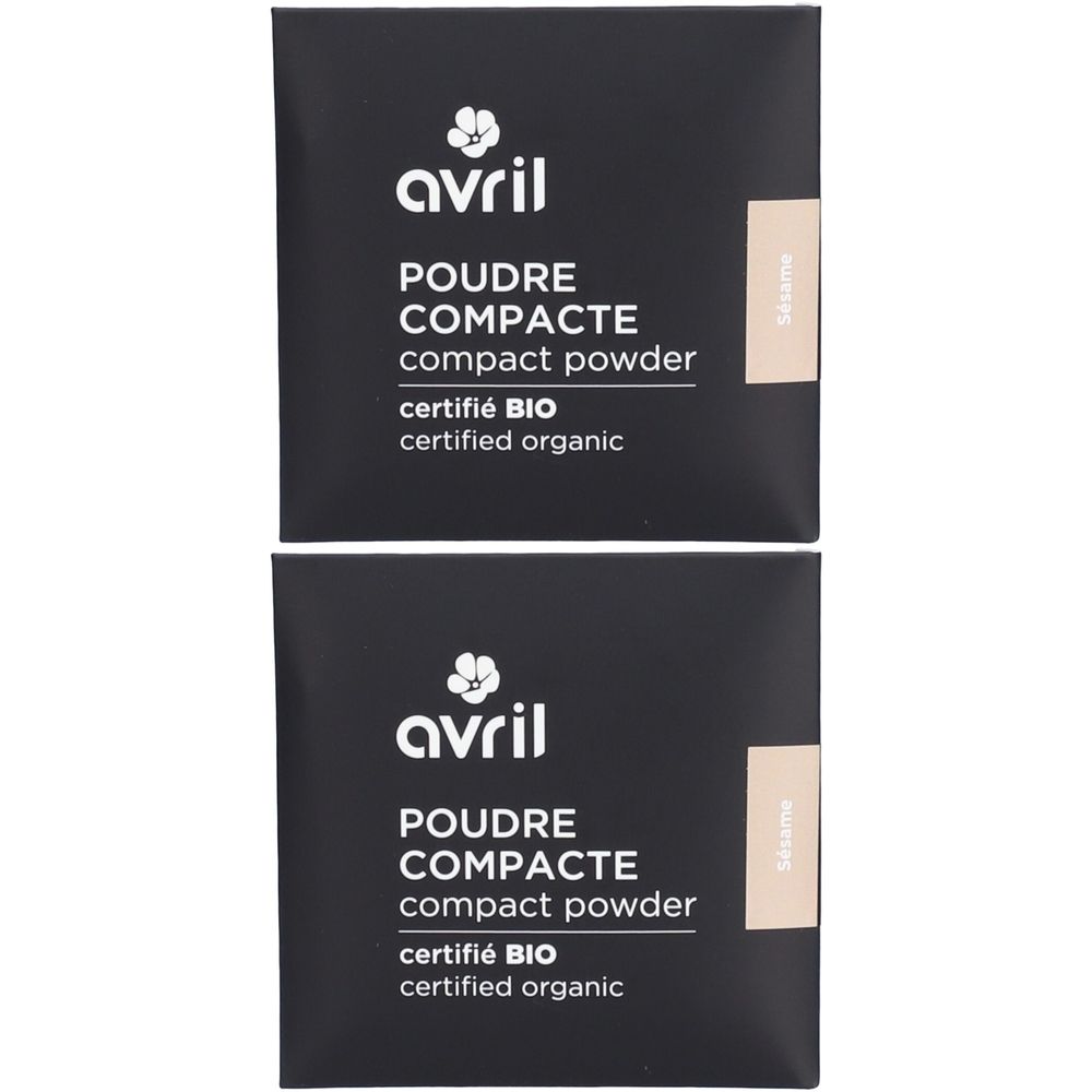 Zwei schwarze Kartons mit der Aufschrift "AVRIL Poudre Compacte". Zertifiziert Bio. Aufschrift "Sésame".