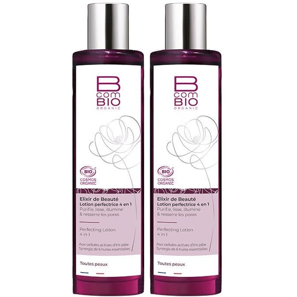 Deux flacons de Bcom BIO Elixir de Beauté. Inscription : Elixir de Beauté Lotion perfectrice 4 en 1. Certification bio. Pour toutes peaux.