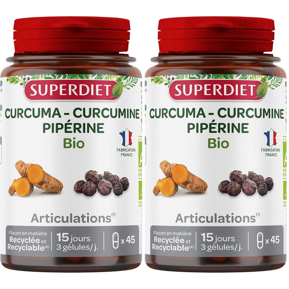 Deux flacons de SUPER DIET Curcuma Curcumine Pipérine BIO. Flacons bruns avec bouchon rouge. Inscription: Articulations, Bio, 15 jours, 3 gélules/j.