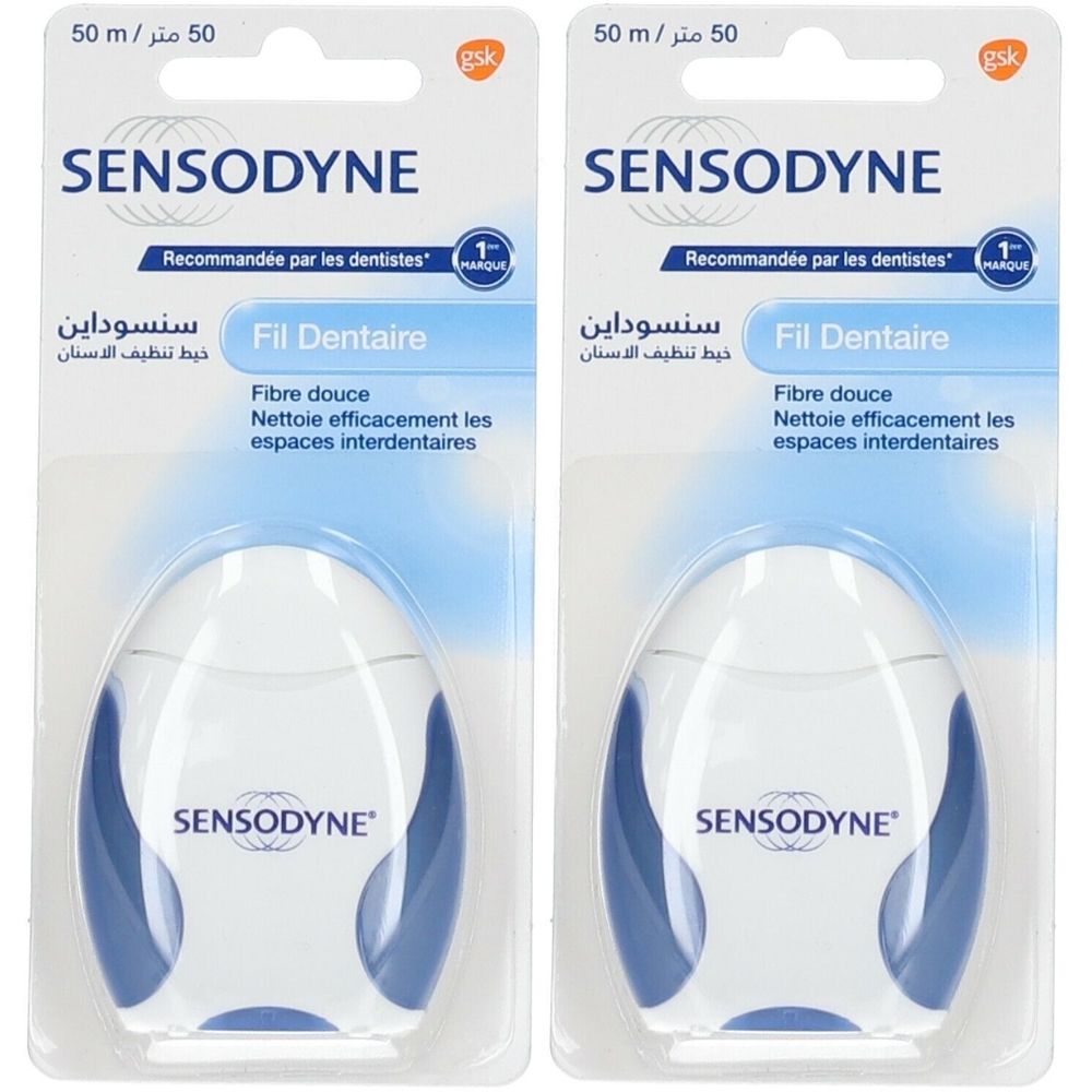 Deux paquets de Fil Dentaire SENSODYNE. Contenants ovales blancs et bleus. Texte: Fil Dentaire, recommandé par les dentistes.