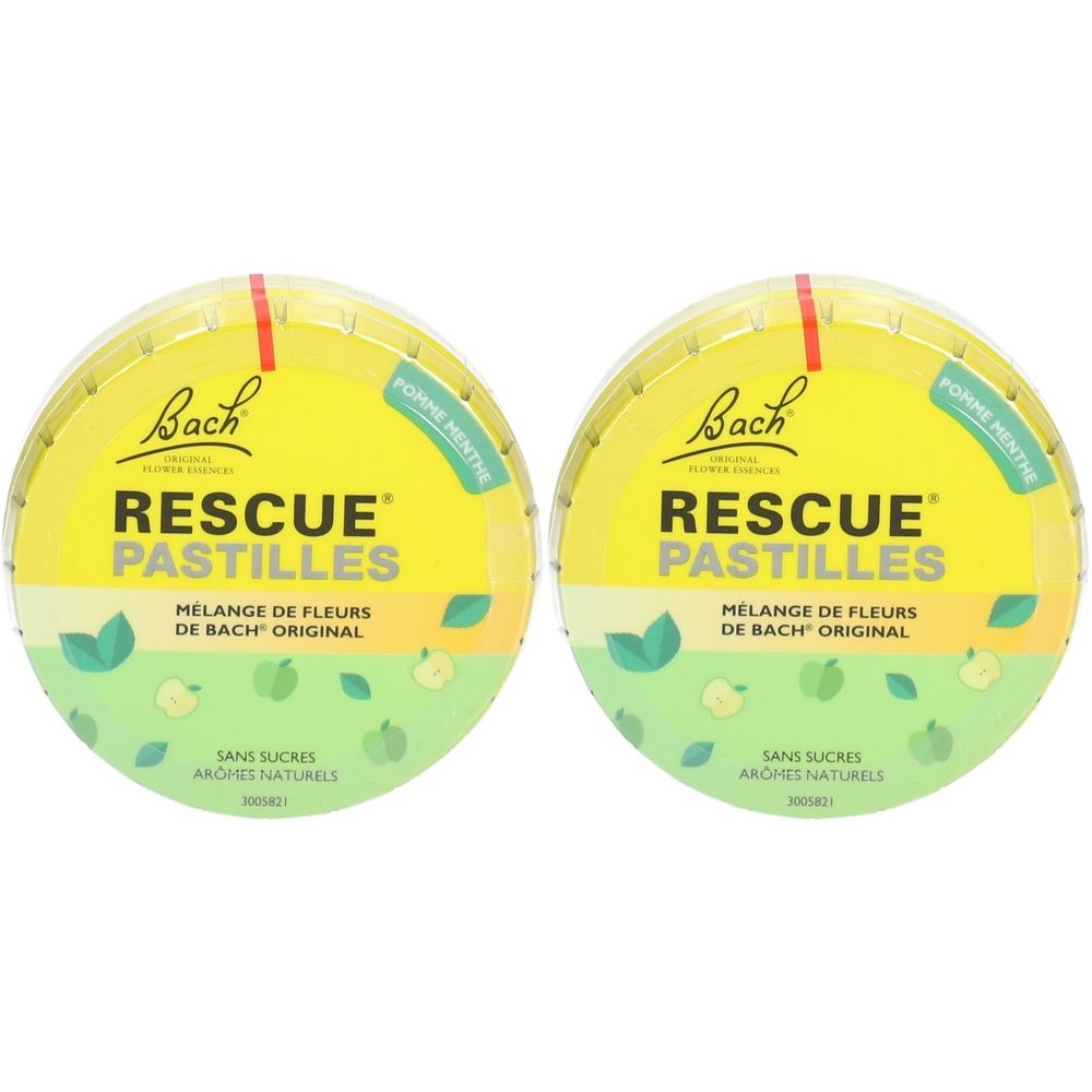Deux boîtes rondes de pastilles. Couvercle jaune avec bande rouge. Inscription: RESCUE PASTILLES, Bach. Goût pomme-menthe. Fond vert et blanc.