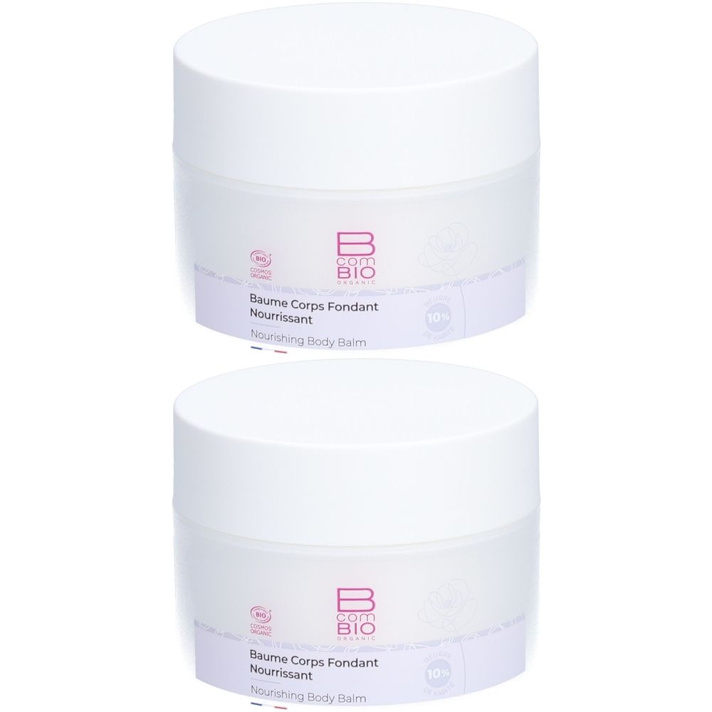 Zwei weiße Tiegel mit Deckel. Auf dem Etikett steht „B COM BIO“ und „Baume Corps Fondant Nourrissant“.