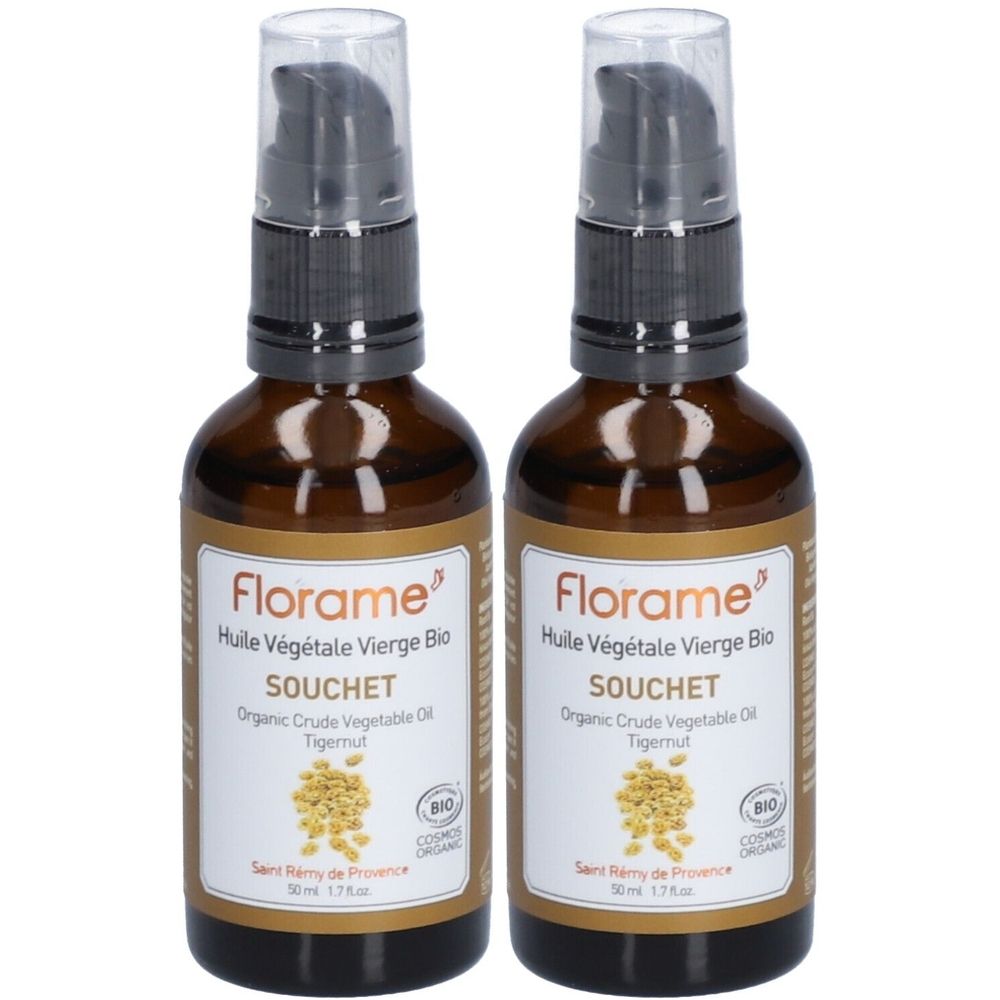 Deux flacons en verre brun avec pompe noire. Étiquettes avec "Florame", "Huile Végétale Vierge Bio" et "Souchet". Label bio.