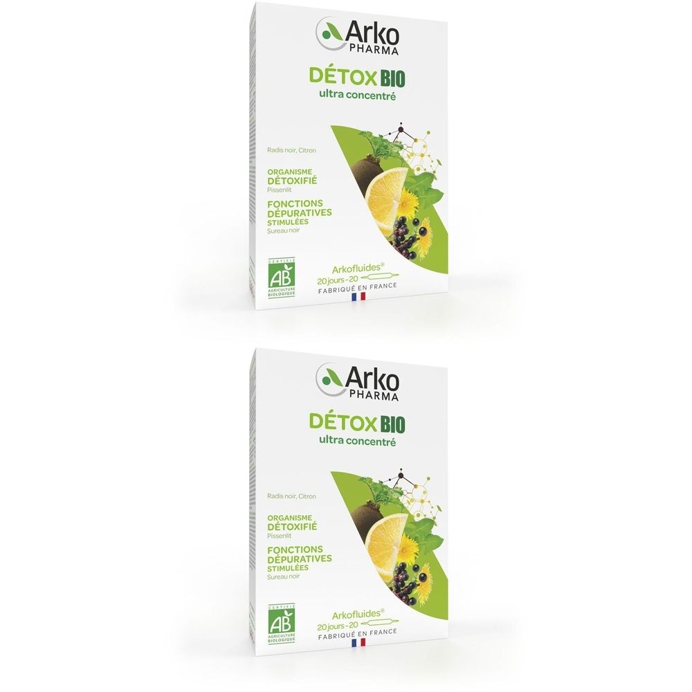 Zwei weiße Kartons mit Produktinformationen. Aufdruck: DETOX BIO, Arko Pharma. Mit Abbildung von Zitrone und Kräutern.