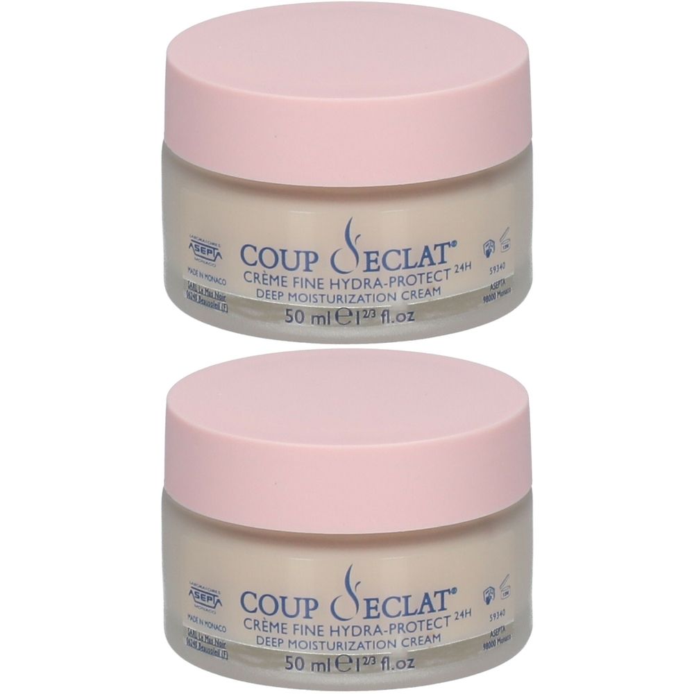 Deux pots de crème Fine Hydra-Protect 24H. Couvercles roses, pots transparents. Inscription Coup d'Eclat, 50 ml.