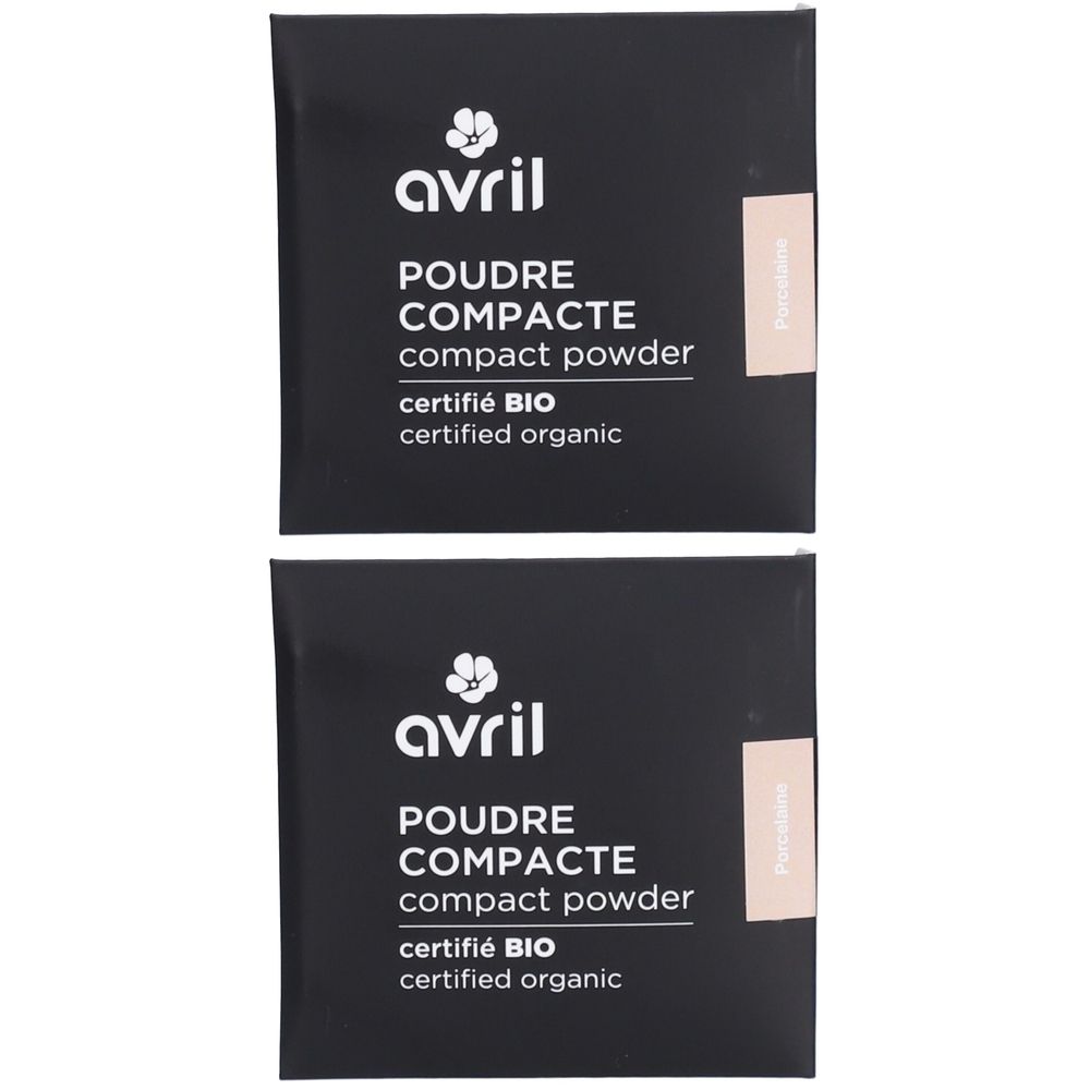 Deux emballages noirs avec texte blanc. Inscription: avril, POUDRE COMPACTE, compact powder, certifié BIO, certified organic.