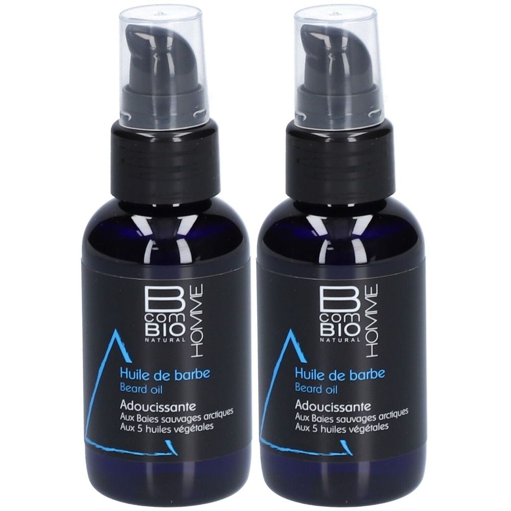 Deux flacons d'huile à barbe. Flacons en verre bleu avec pompe noire. Inscription : B COM BIO HOMME, Huile de barbe, Adoucissante.