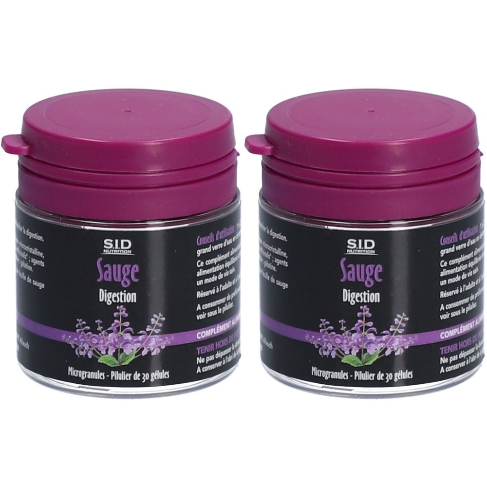 Deux pots ronds avec couvercles violets. Inscription: SID Sauge Digestion. Étiquette avec motif floral. Texte: Microgranules-Pilulier de 30 gélules.