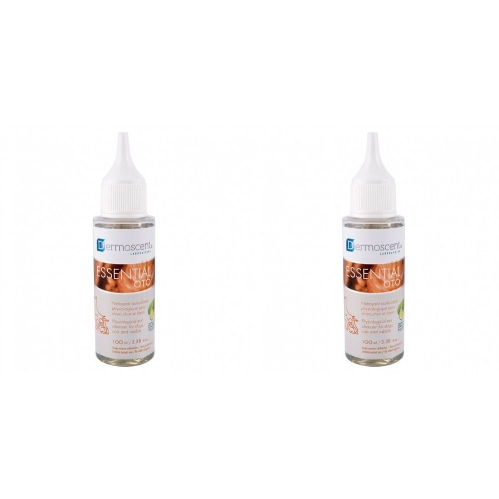 Deux flacons avec bouchon blanc et étiquette. Inscription : Essential Oto. Pour chiens, chats et lapins.