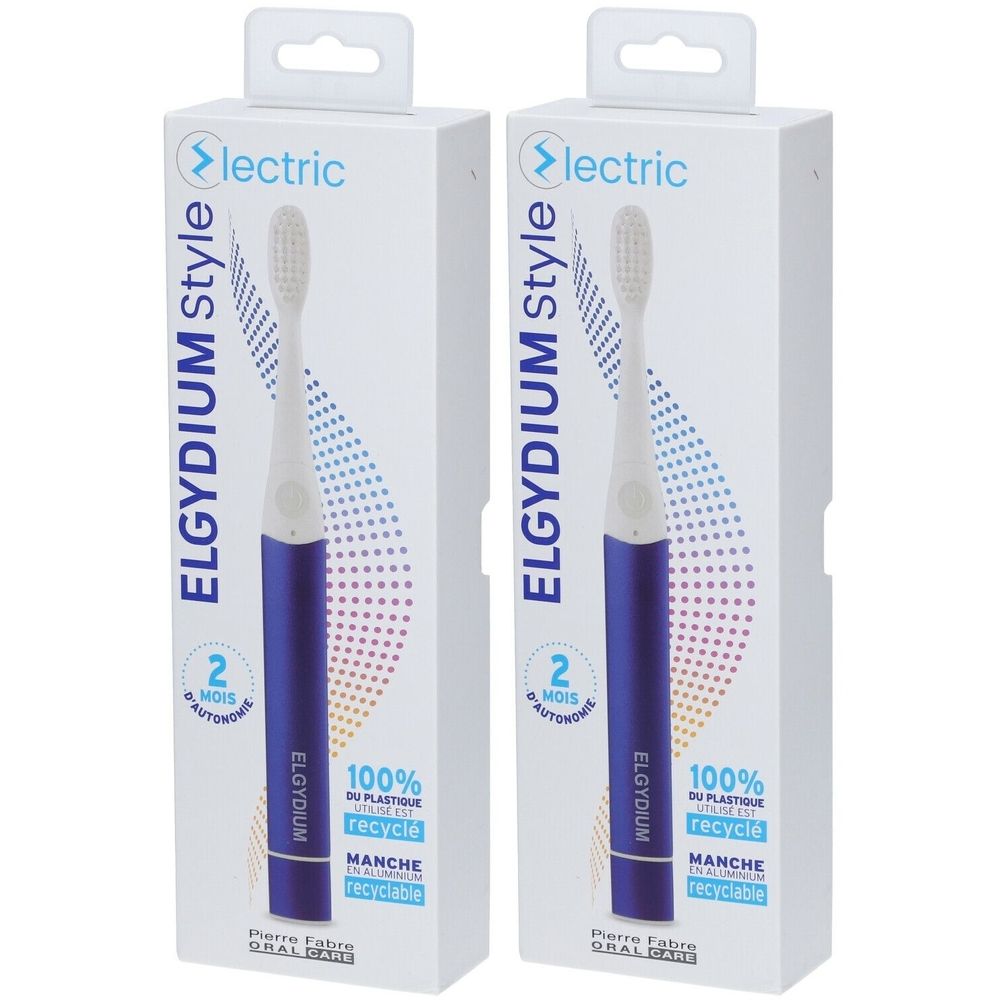 Deux brosses à dents électriques dans des boîtes blanches. Manches bleues, têtes blanches. Texte: ELGYDIUM Style, 100% plastique recyclé.