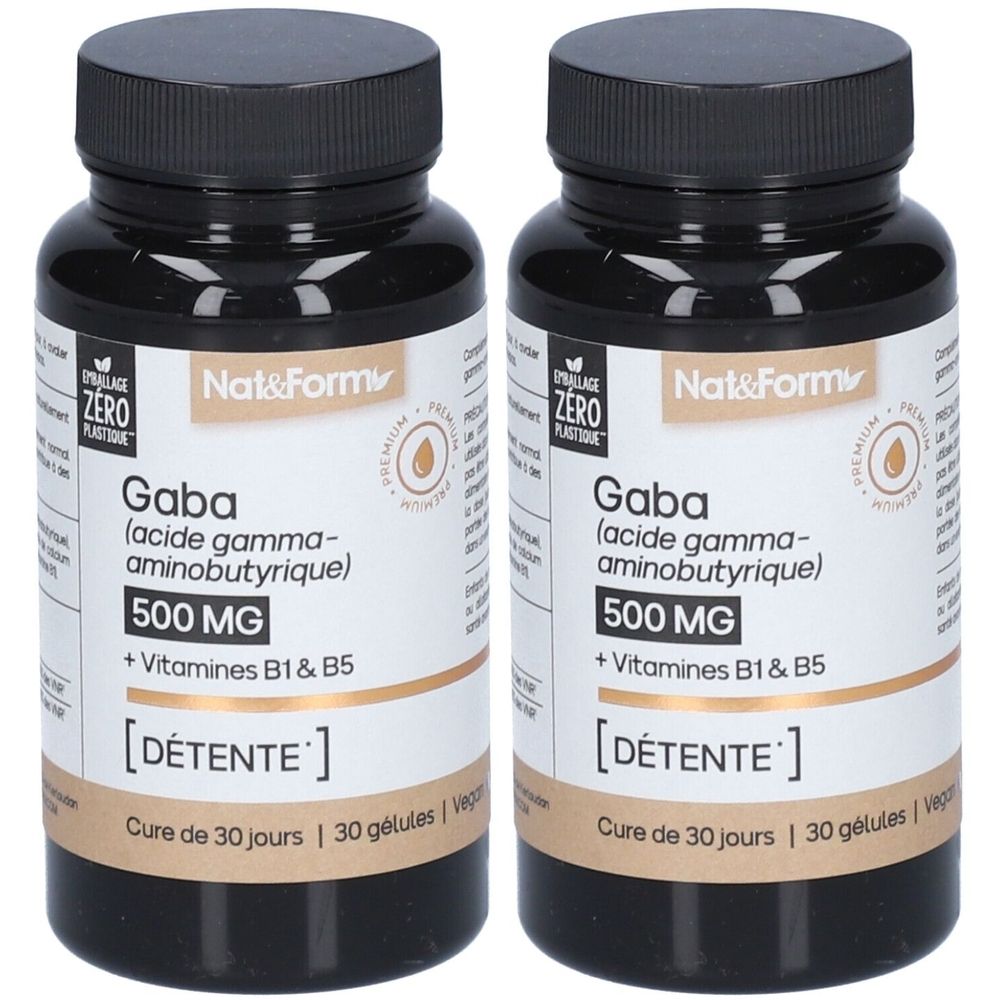 Zwei schwarze Flaschen mit schwarzen Deckeln. Aufschrift: Nat&Form, GABA, 500 MG, + Vitamine B1 & B5, [DÉTENTE].