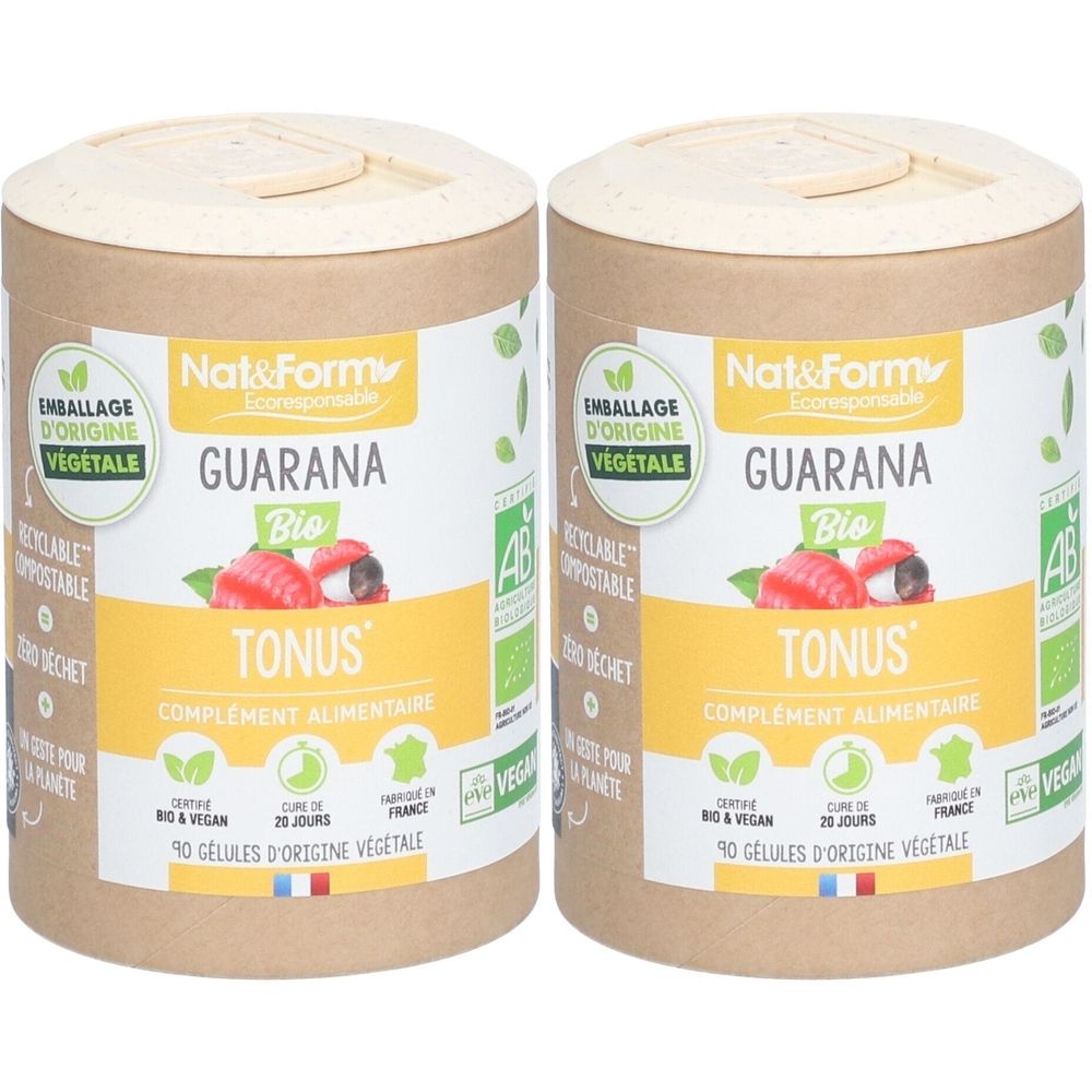 Deux boîtes cylindriques "Guarana Bio Tonus". Emballage végétal, label AB et logo Vegan. Contient 90 gélules d'origine végétale.